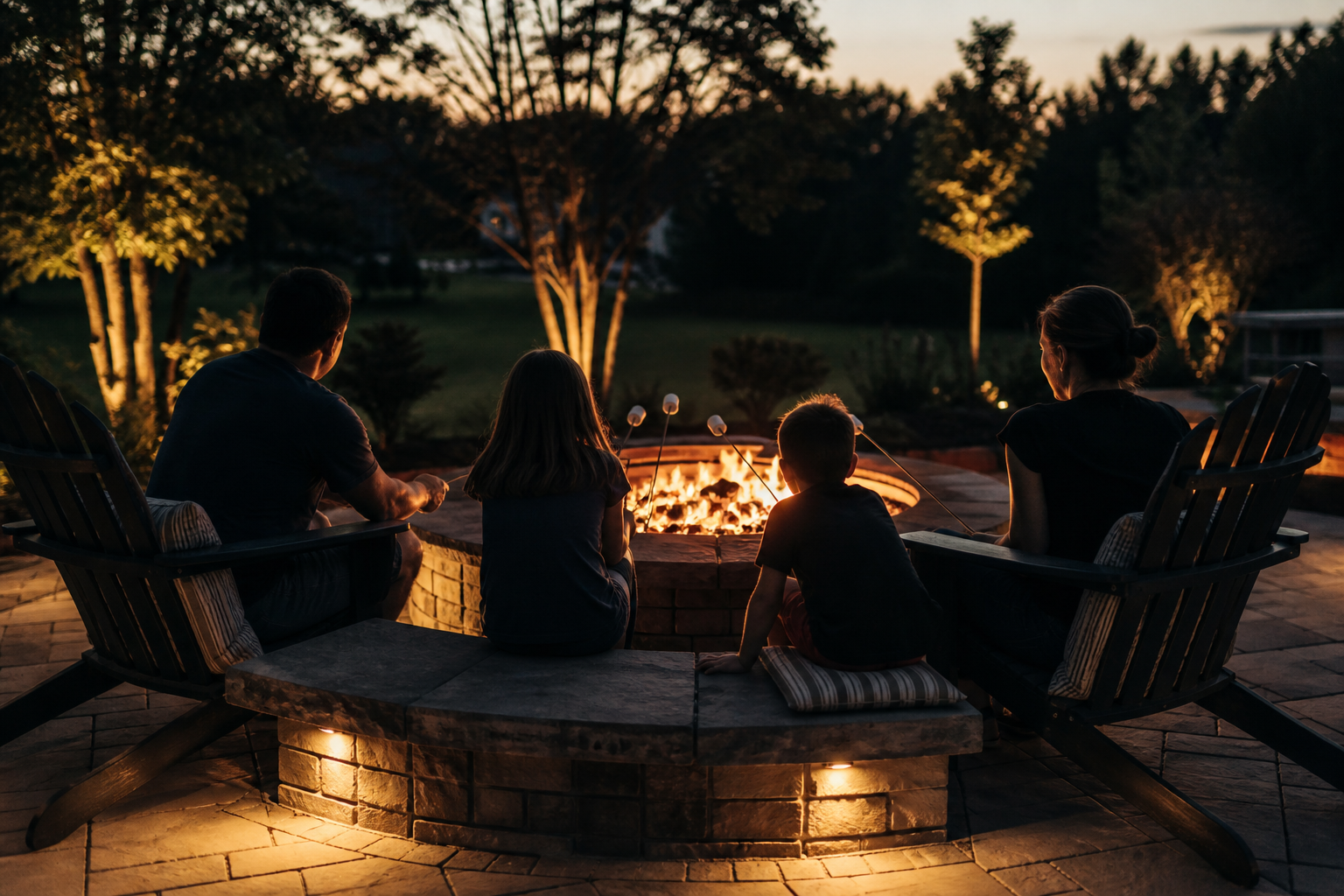 Family silhouettes around a fire pit at dusk — the evenings these yards are built for