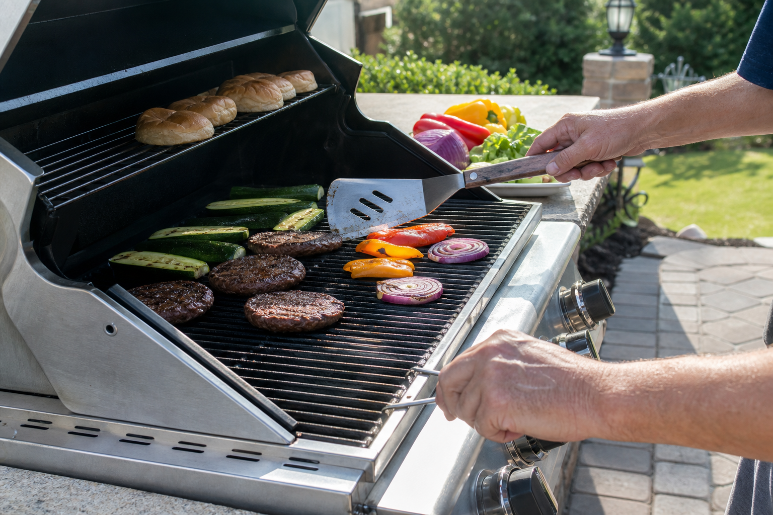 Hands grilling at an outdoor kitchen in afternoon daylight — mood imagery, not a client project