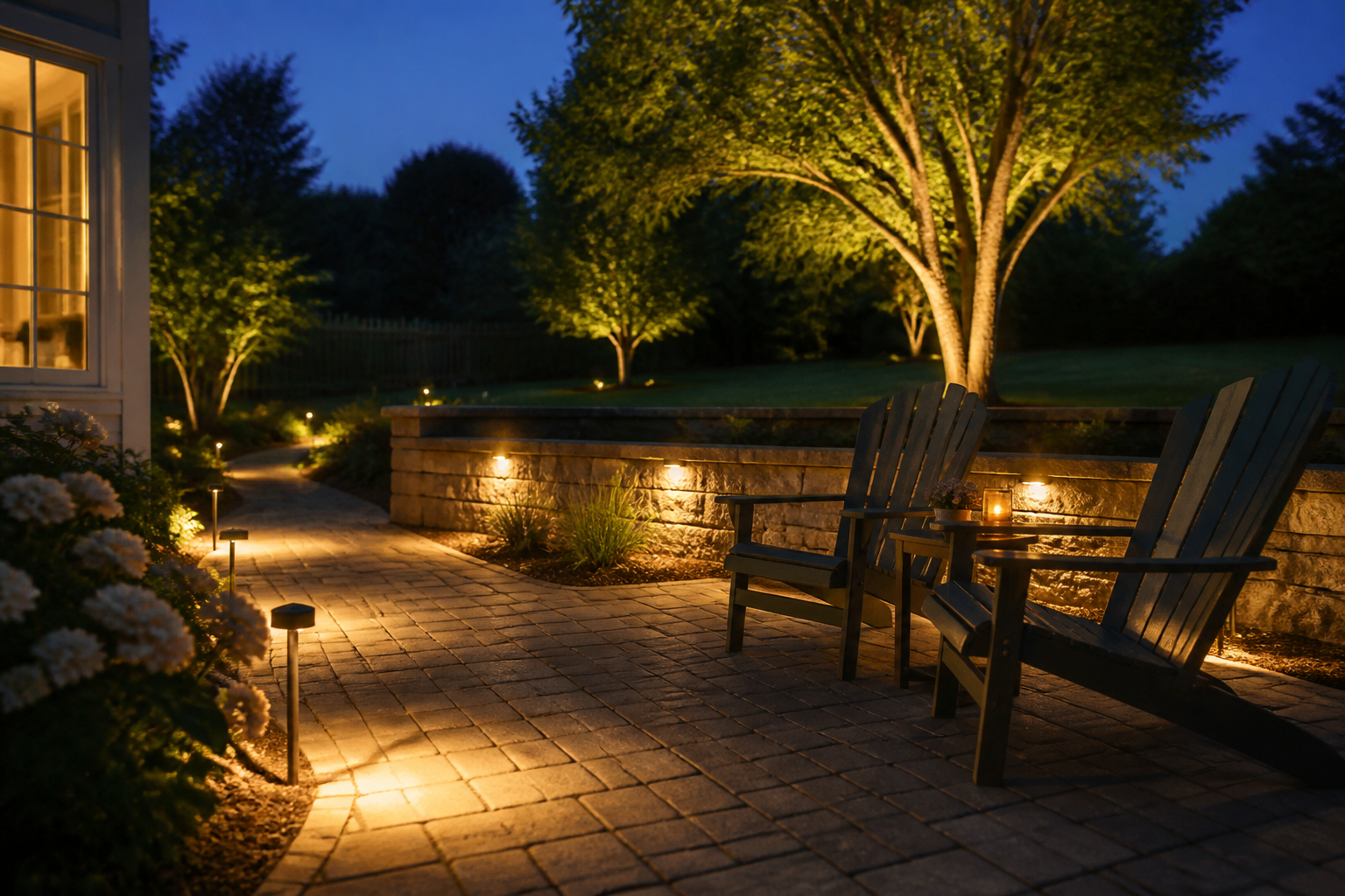 Warm landscape lighting on a Pennsylvania patio at dusk — mood imagery, not a client project