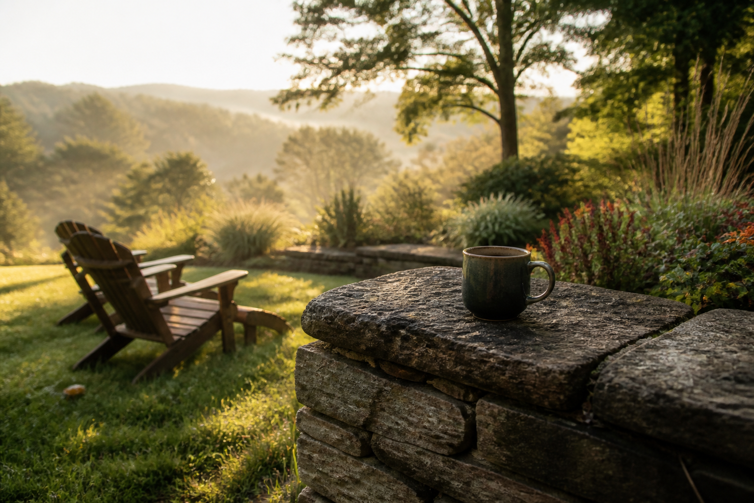 Morning coffee mug on a stone seat wall with empty Adirondack chairs — mood imagery, not a client project