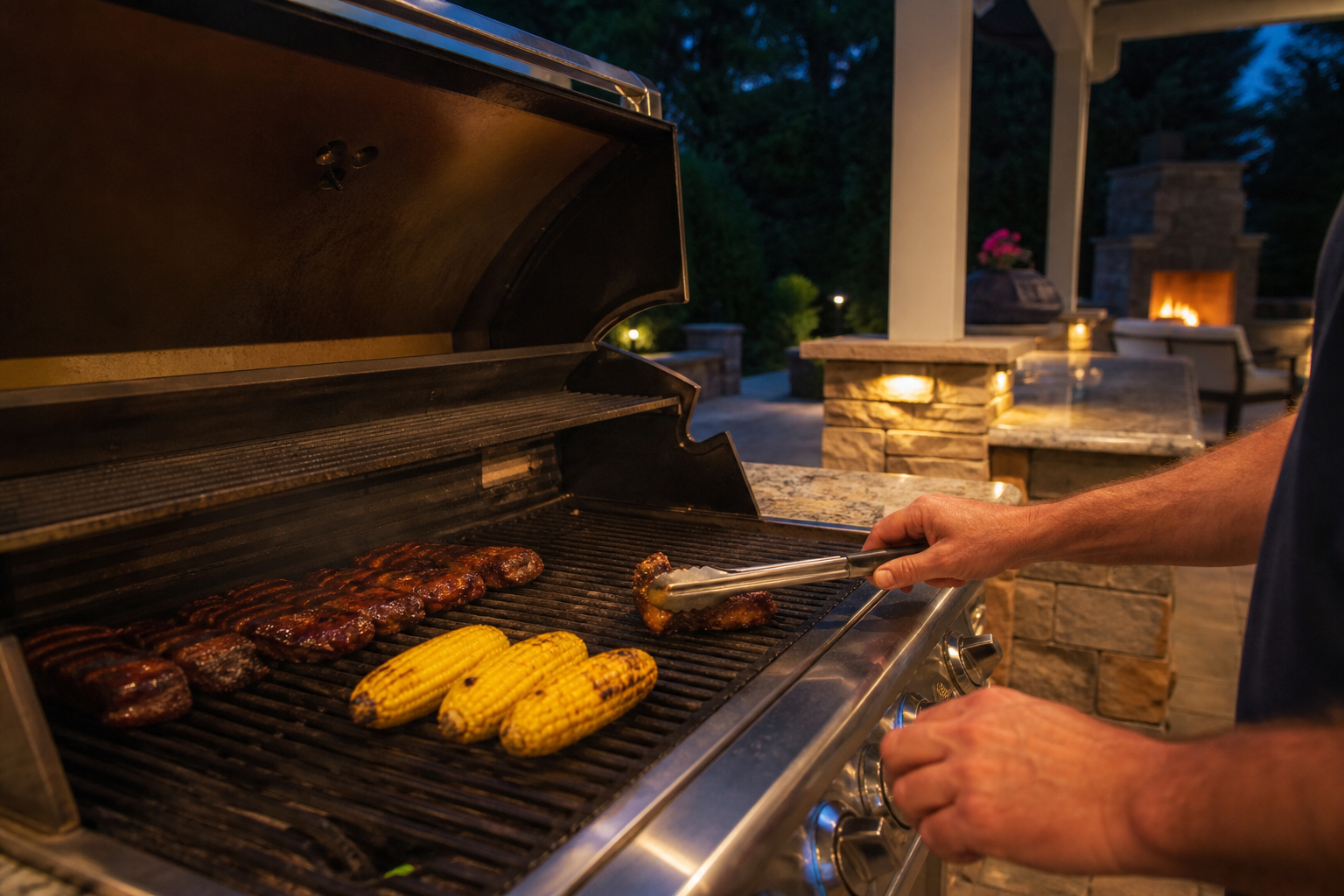 Hands cooking at an outdoor kitchen grill at dusk — mood imagery, not a client project