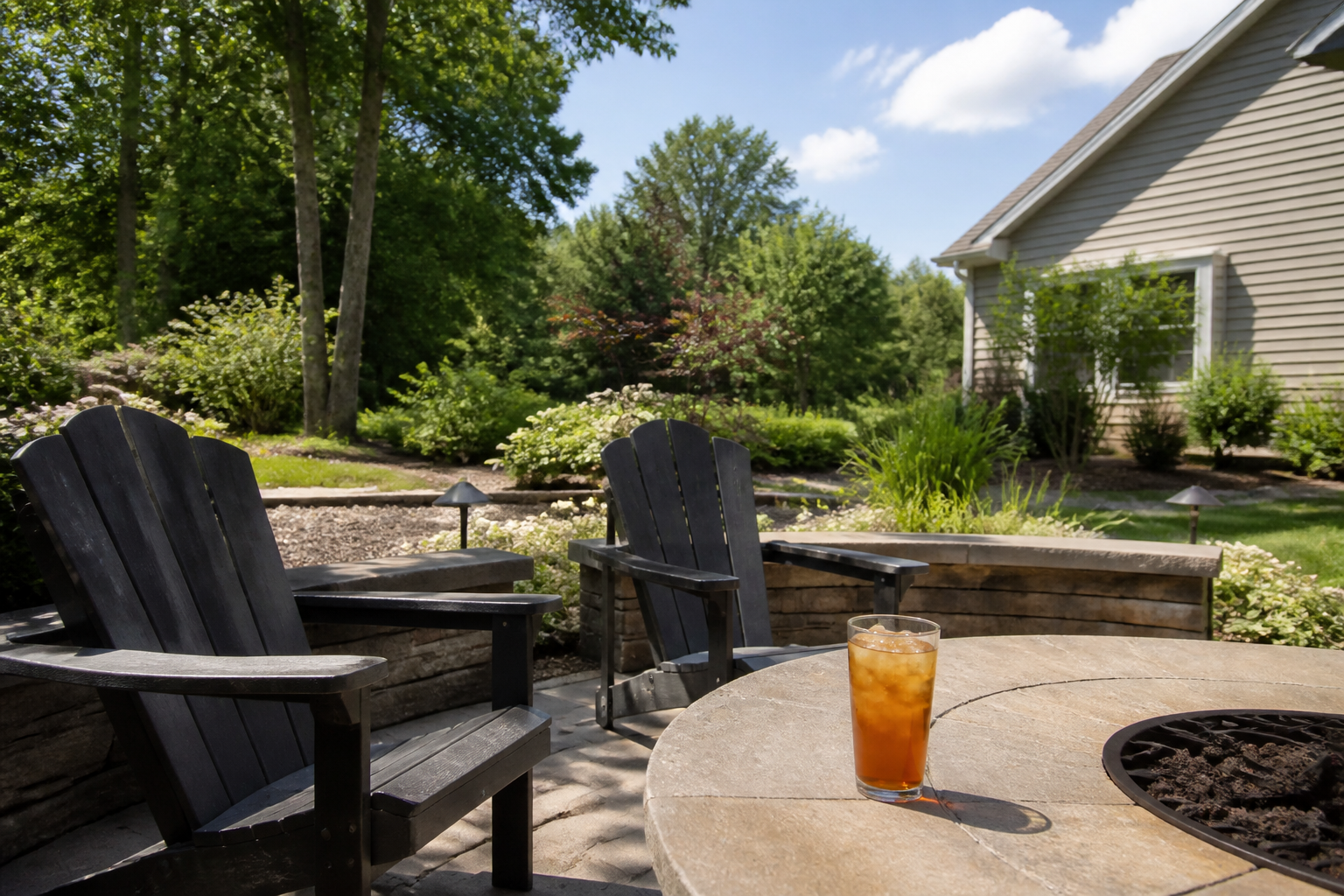 Paver patio and seat wall in late-morning light with iced tea on the table — mood imagery, not a client project