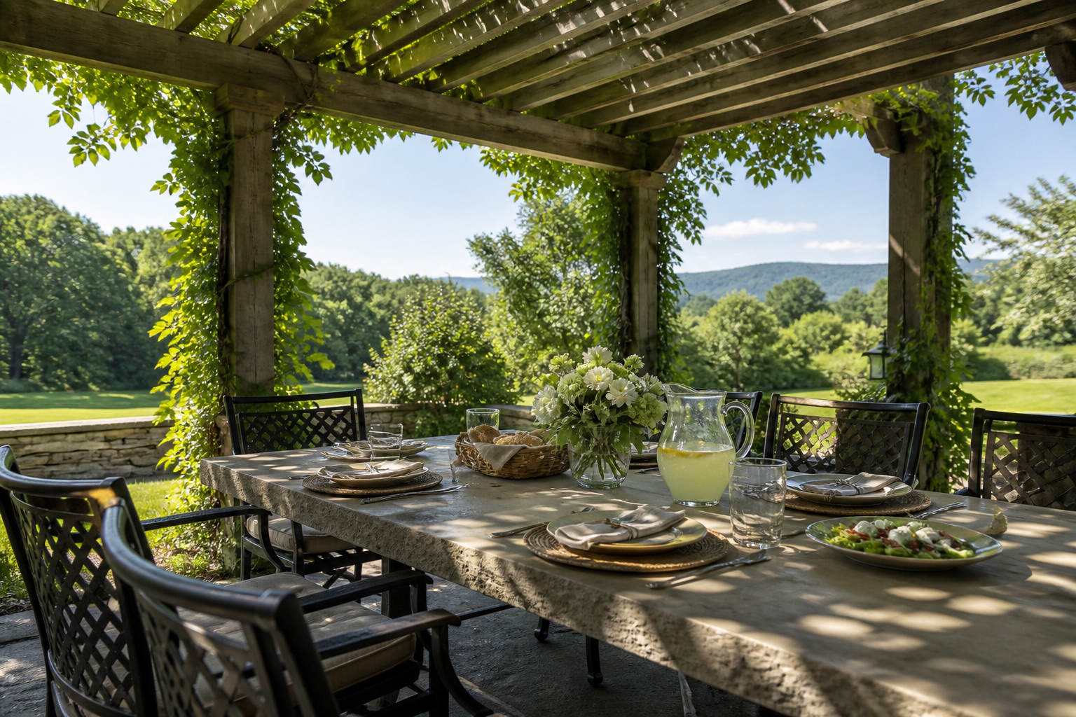 Lunch table under a wooden pergola in dappled midday shade — mood imagery, not a client project