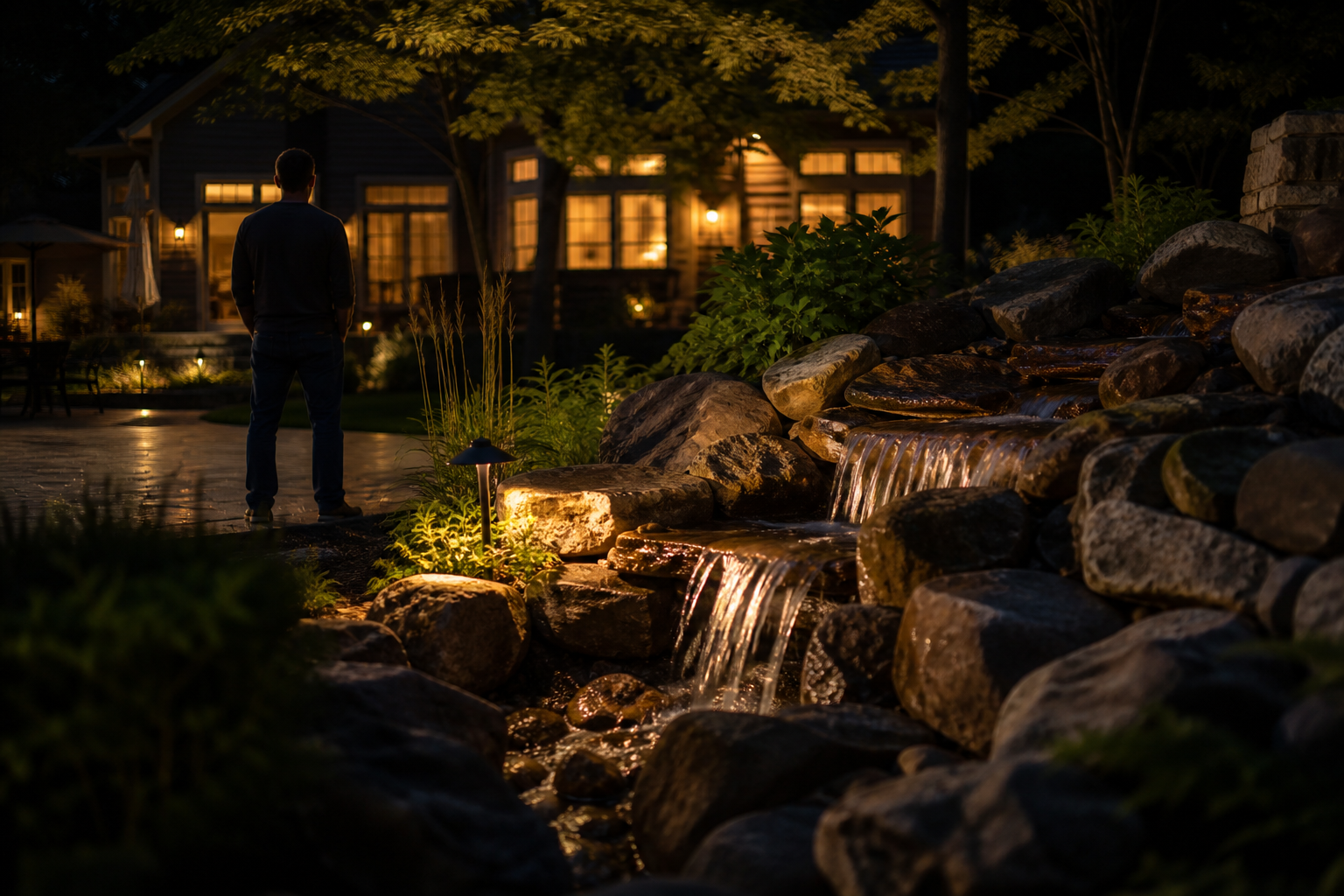 Silhouette listening to a lit water feature at night — mood imagery, not a client project
