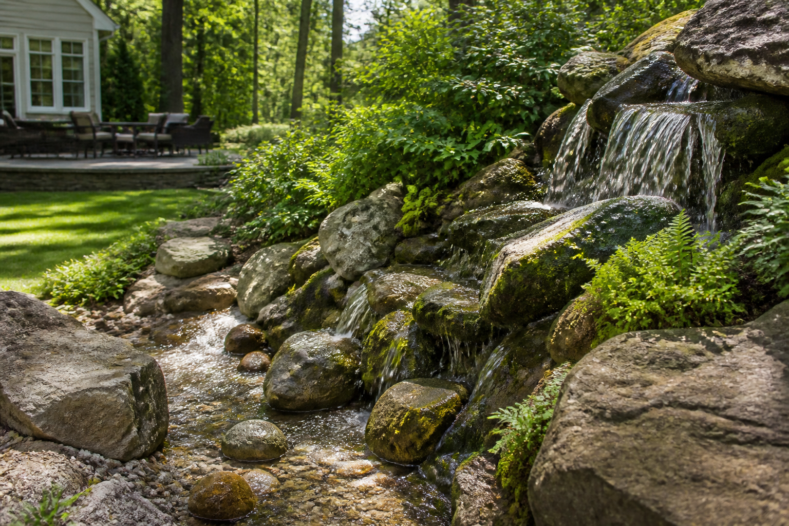 Pondless waterfall in a planted Pennsylvania garden in daylight — mood imagery, not a client project