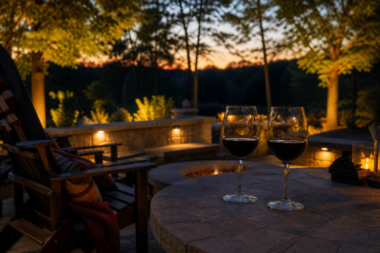 Wine glasses on a paver patio table at dusk with empty chairs nearby — mood imagery, not a client project